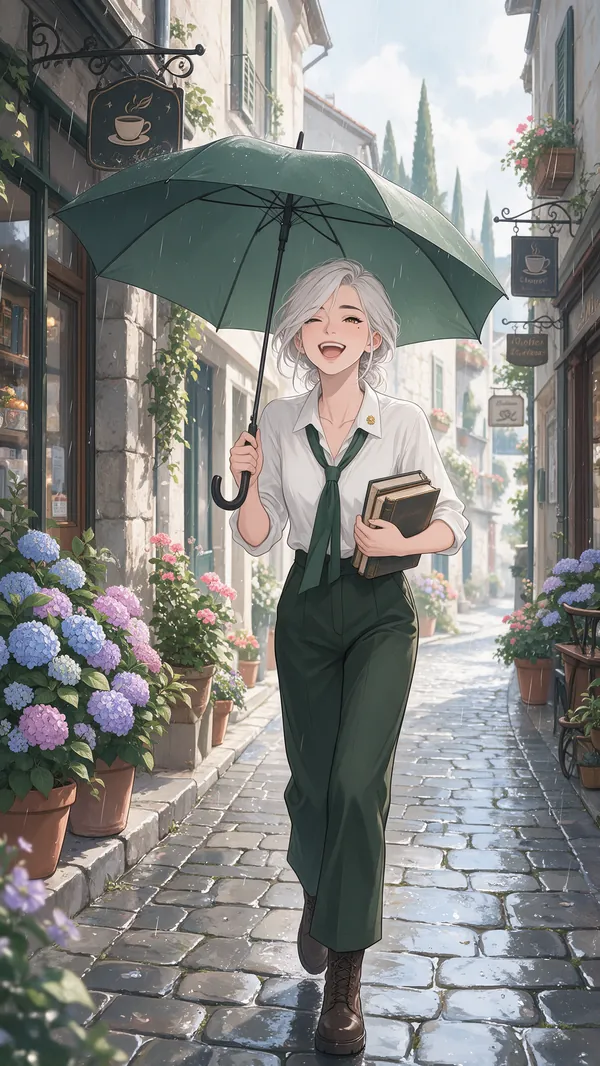 Albedo walking down a wet cobbled lane under a green umbrella, laughing, books under one arm, hydrangeas along the wall.