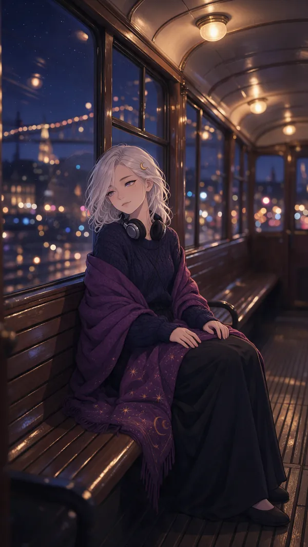 Nightbedo sitting on a wooden bench in a night tram, headphones around her neck, city lights passing the window.