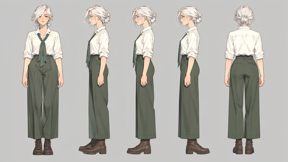 Albedo's character sheet: front, three-quarter, profile and back views in a white shirt and green trousers.