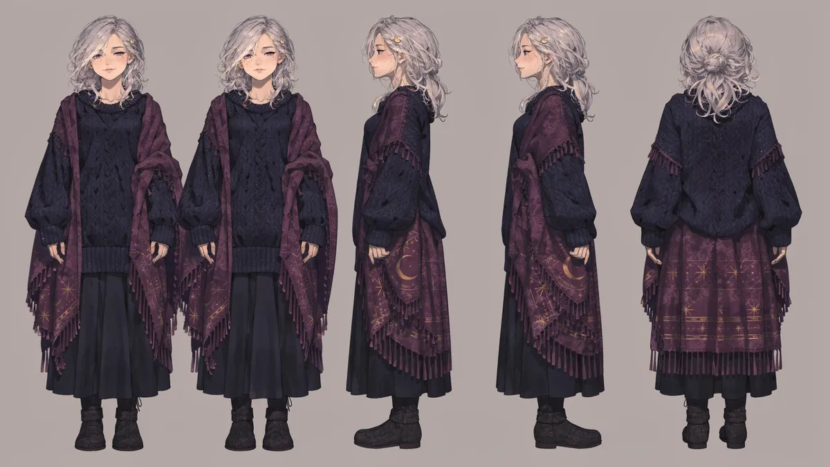 Nightbedo's character sheet: front, three-quarter, profile and back views in a dark dress and a shawl with moons.