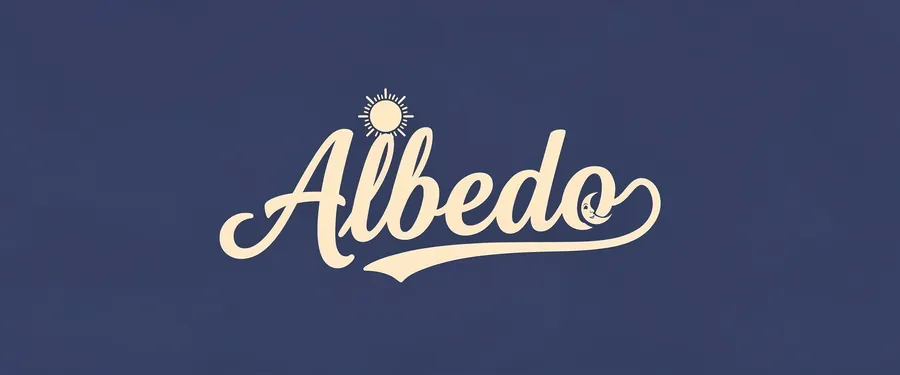 The Albedo wordmark in cream script with a small sun and moon, on indigo.