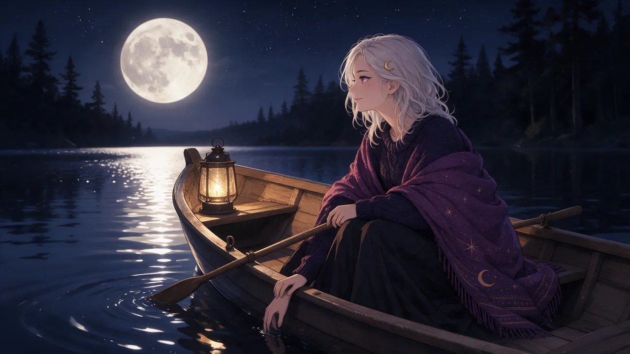 Nightbedo sitting in a rowboat on a moonlit lake, a lantern at her feet, pine trees dark on the far shore.