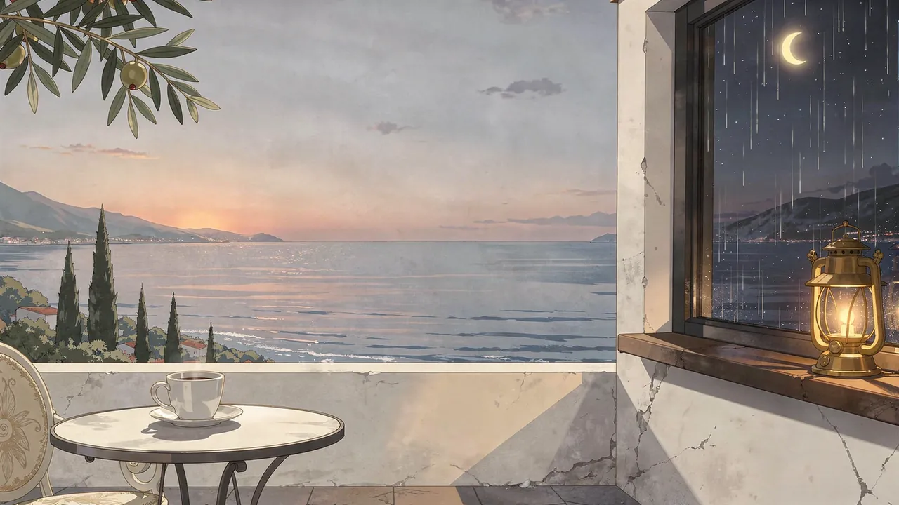 A terrace at dusk: a coffee cup on a small table facing a calm sunset sea on the left, and on the right a window with rain, a crescent moon and a lit lantern.